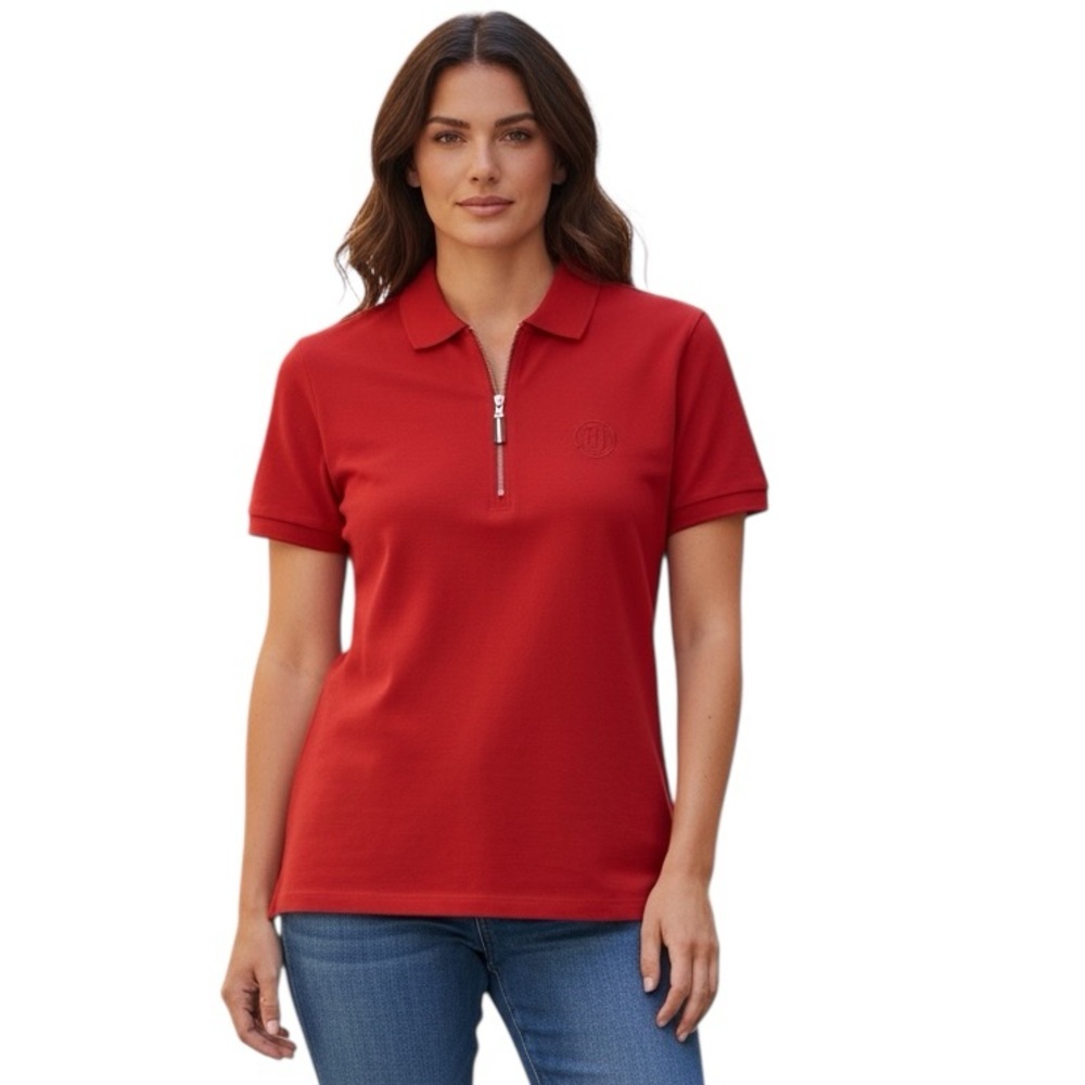 Tommy Hilfiger Women's Polo 1/4 Zip Short Sleeve Top Shirt Medium Red
